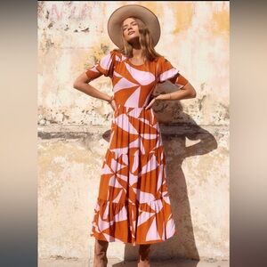 Mister Zimi Rust and Pink Abstract Tiered Maxi Dress